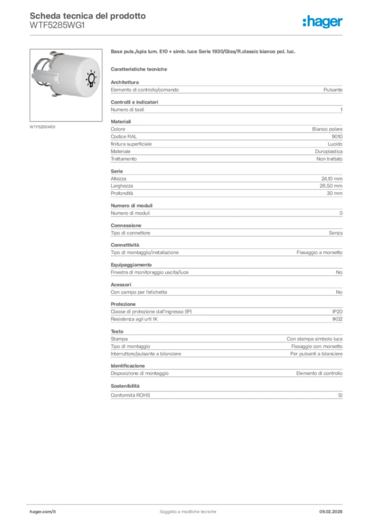 Immagine Hager Scheda tecnica del prodotto WTF5285WG1 | Hager Italia