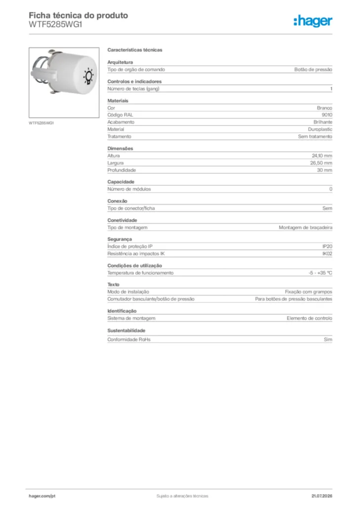 Imagem Hager Ficha técnica do produto WTF5285WG1 | Hager Portugal