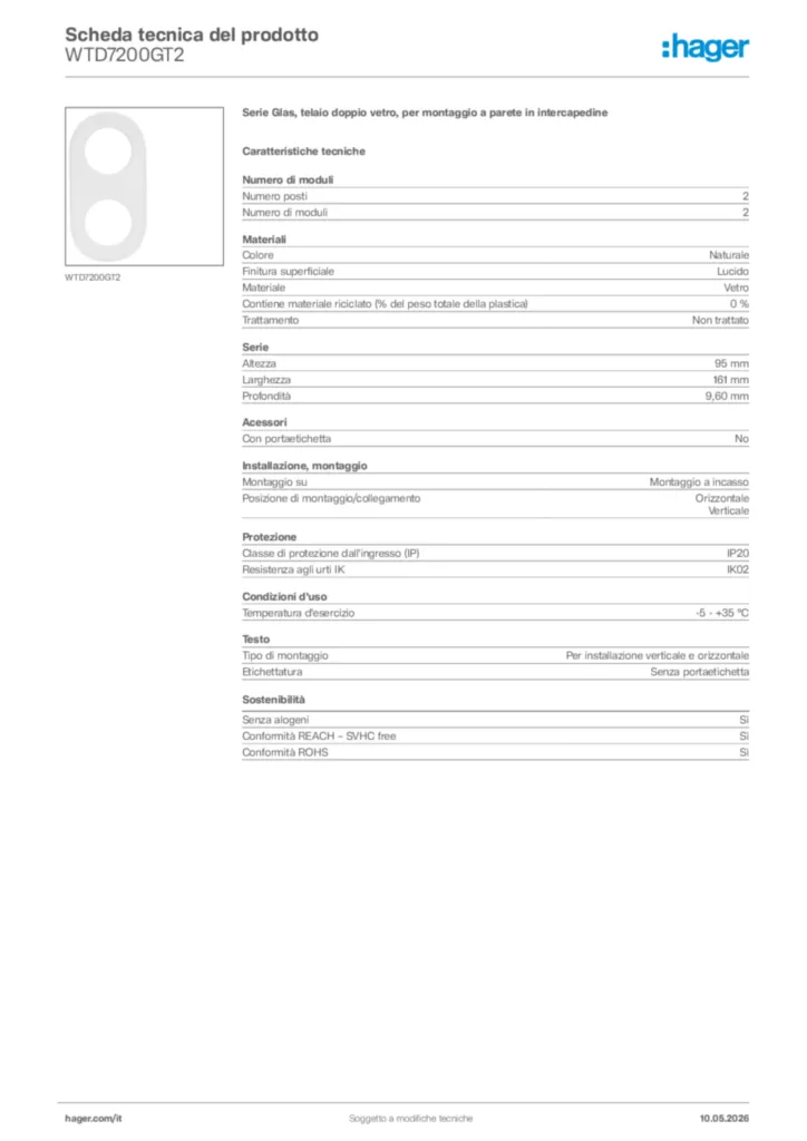 Immagine Hager Scheda tecnica del prodotto WTD7200GT2 | Hager Italia