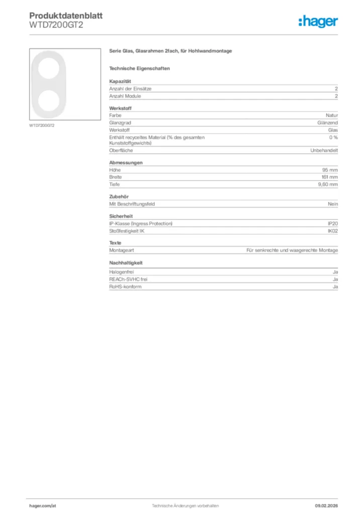 Bild Hager Produktdatenblatt WTD7200GT2 | Hager Deutschland