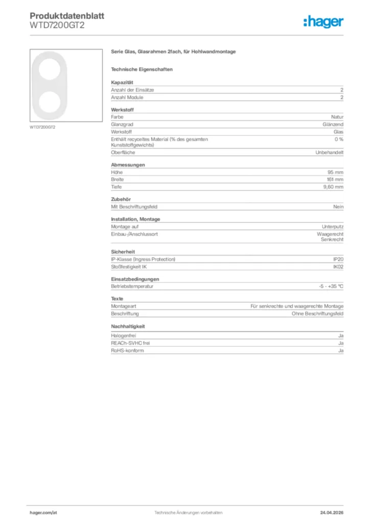 Bild Hager Produktdatenblatt WTD7200GT2 | Hager Deutschland
