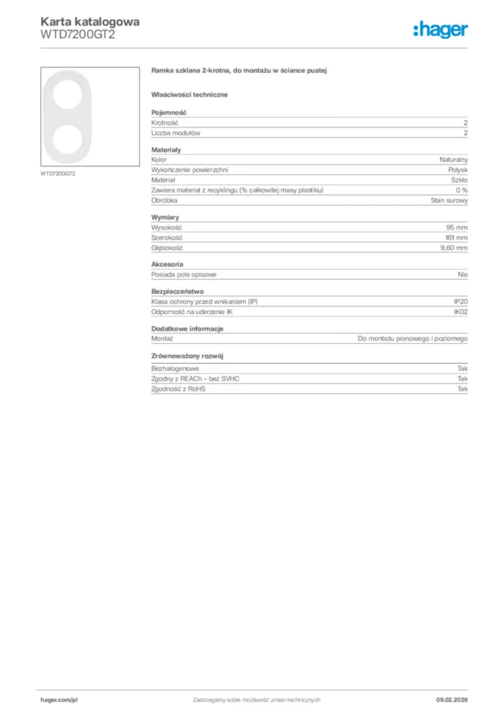 Zdjęcie Hager Karta katalogowa WTD7200GT2 | Hager Polska
