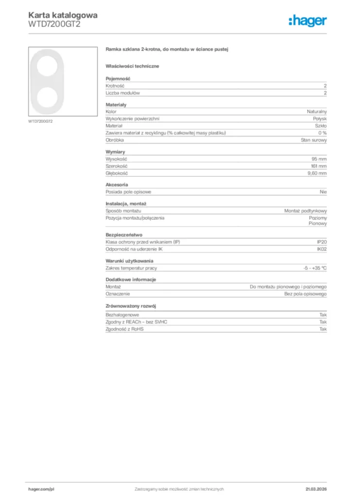 Zdjęcie Hager Karta katalogowa WTD7200GT2 | Hager Polska