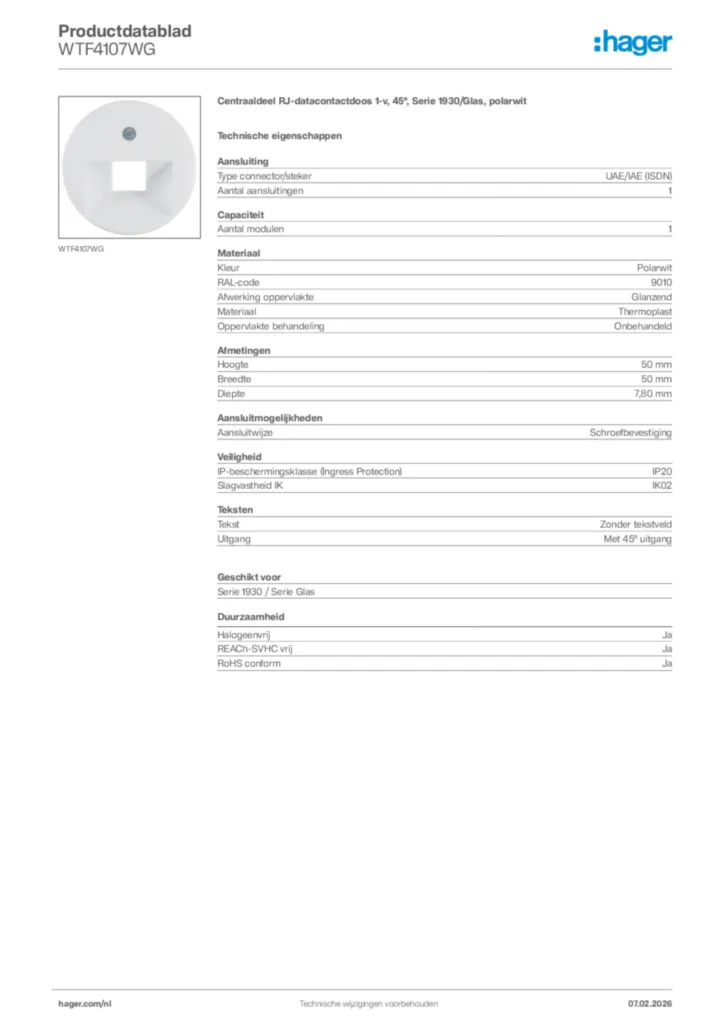 Afbeelding Hager Productdatablad WTF4107WG | Hager Nederland