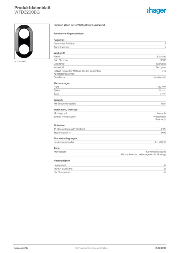 Bild Hager Produktdatenblatt WTD3200BG | Hager Deutschland