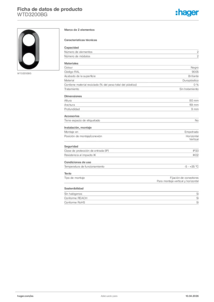 Imagen Hager Ficha de datos de producto WTD3200BG | Hager España