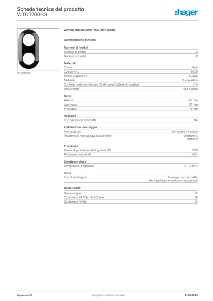 Immagine Hager Scheda tecnica del prodotto WTD3200BG | Hager Italia