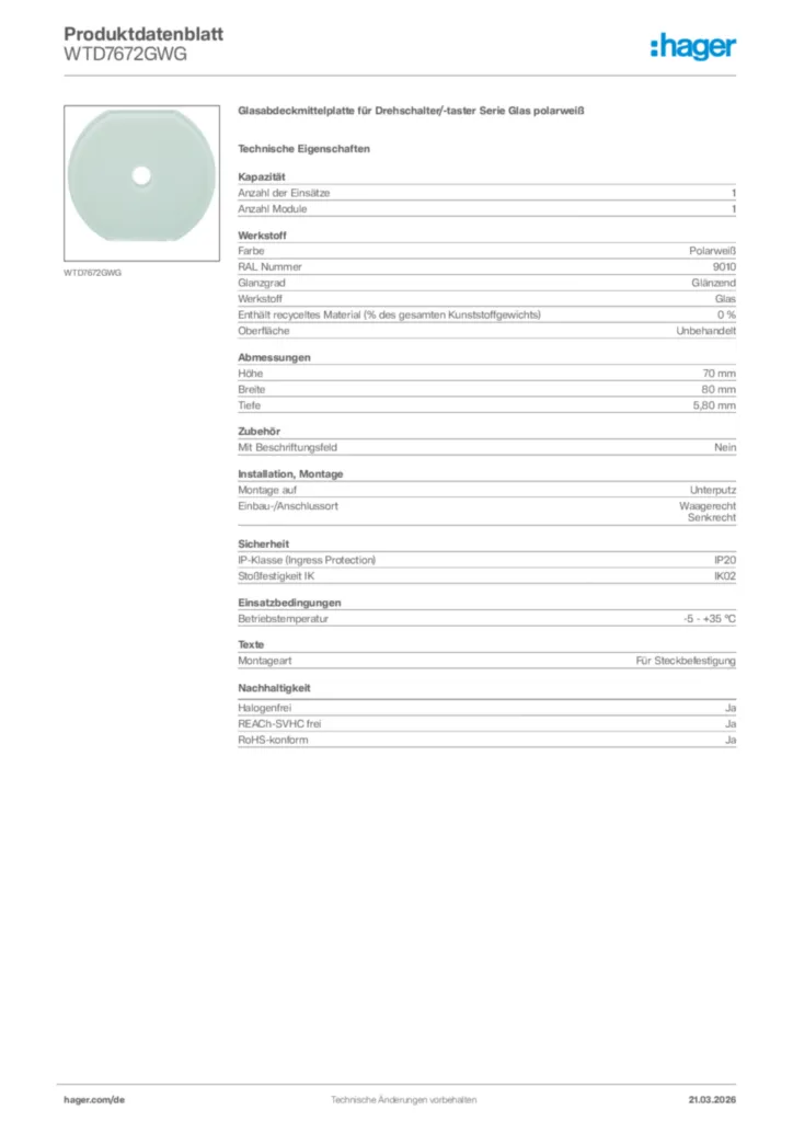Bild Hager Produktdatenblatt WTD7672GWG | Hager Deutschland