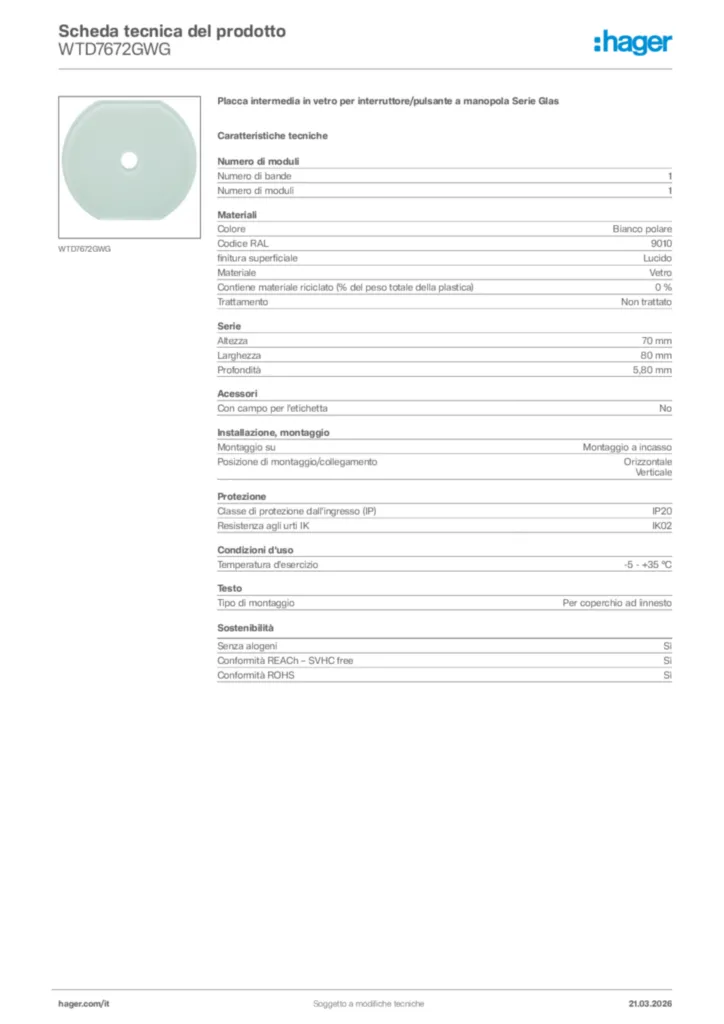 Immagine Hager Scheda tecnica del prodotto WTD7672GWG | Hager Italia