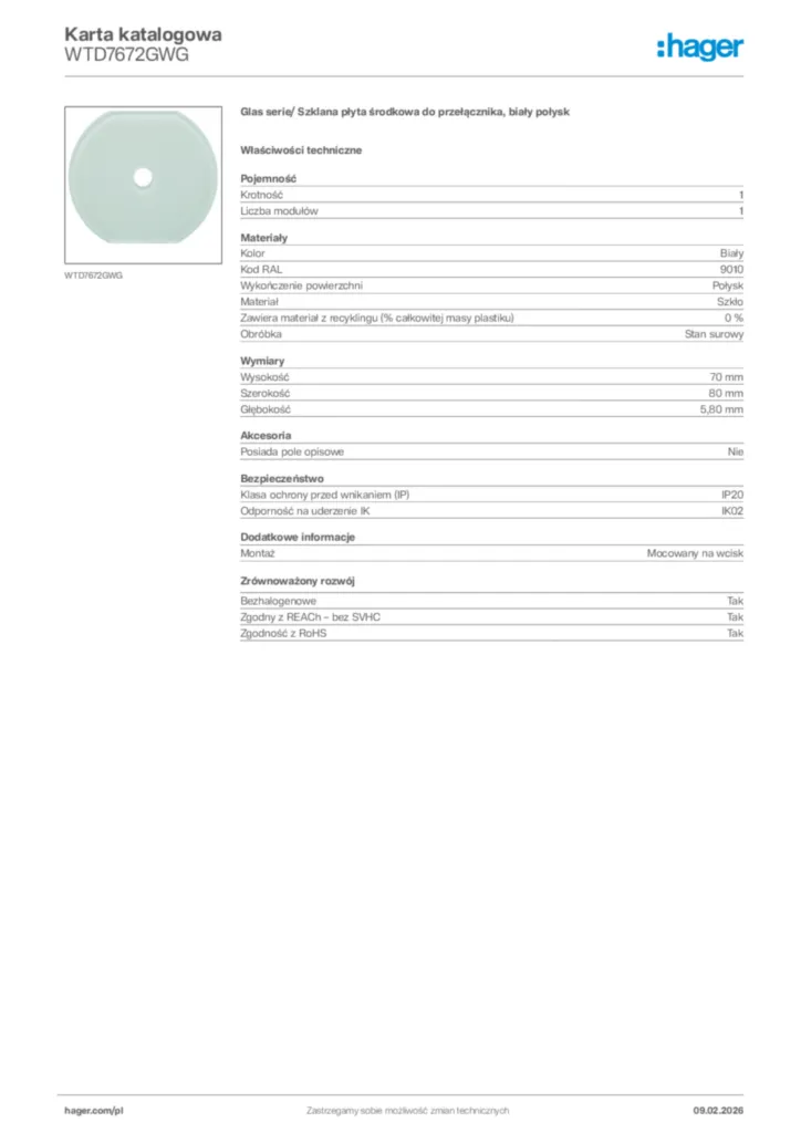 Zdjęcie Hager Karta katalogowa WTD7672GWG | Hager Polska