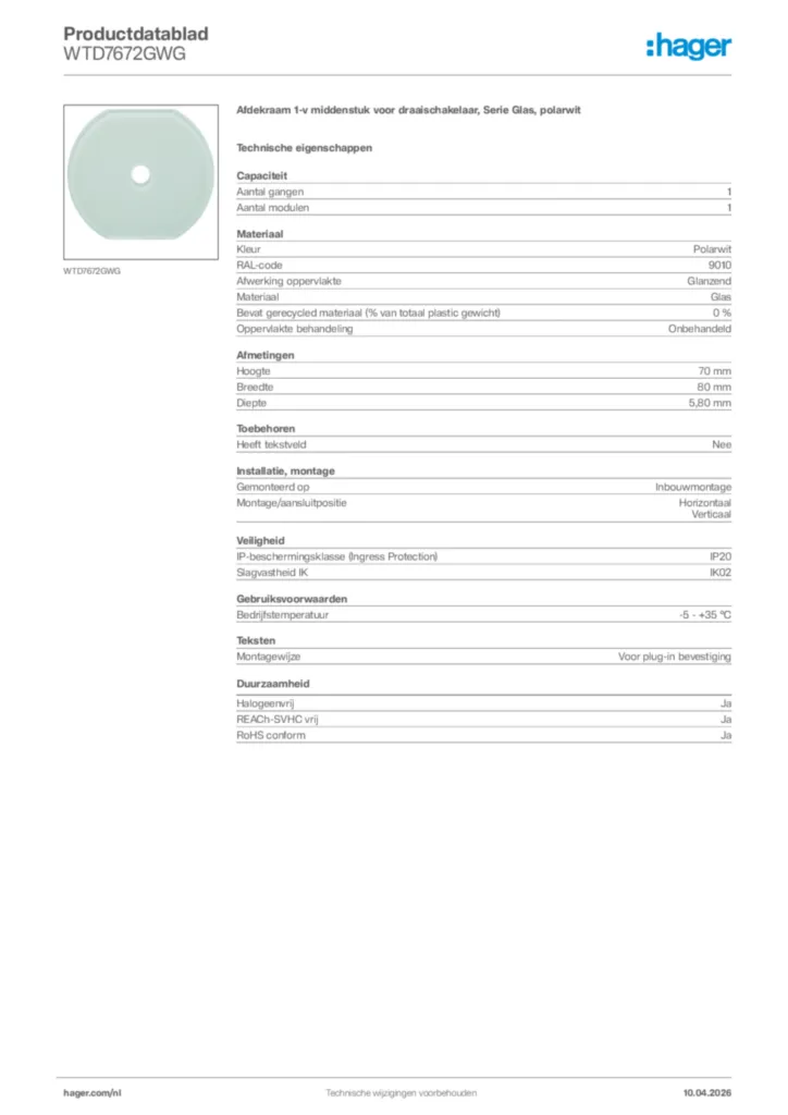 Afbeelding Hager Productdatablad WTD7672GWG | Hager Nederland