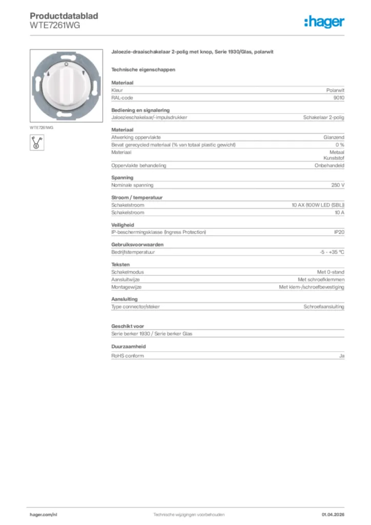 Afbeelding Hager Productdatablad WTE7261WG | Hager Nederland