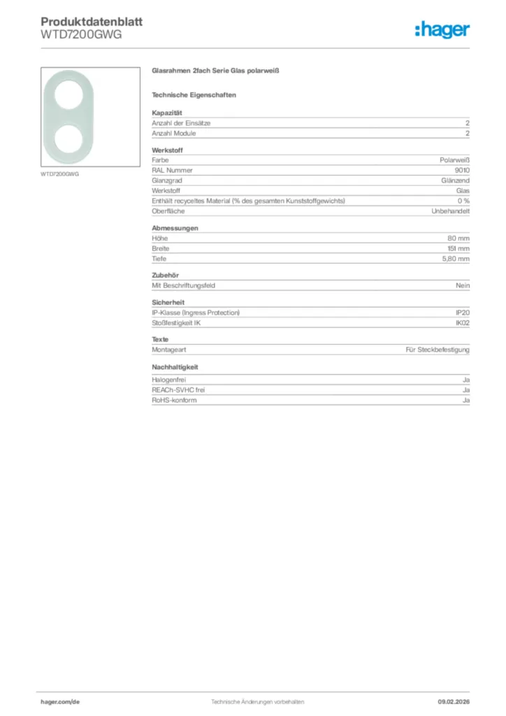 Bild Hager Produktdatenblatt WTD7200GWG | Hager Deutschland