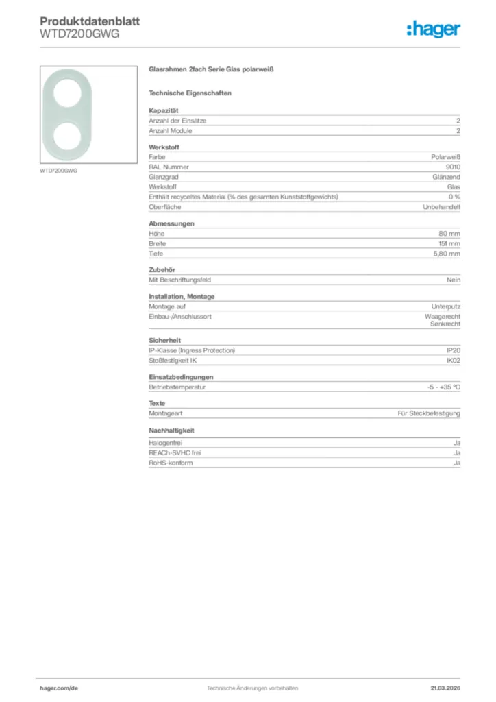 Bild Hager Produktdatenblatt WTD7200GWG | Hager Deutschland