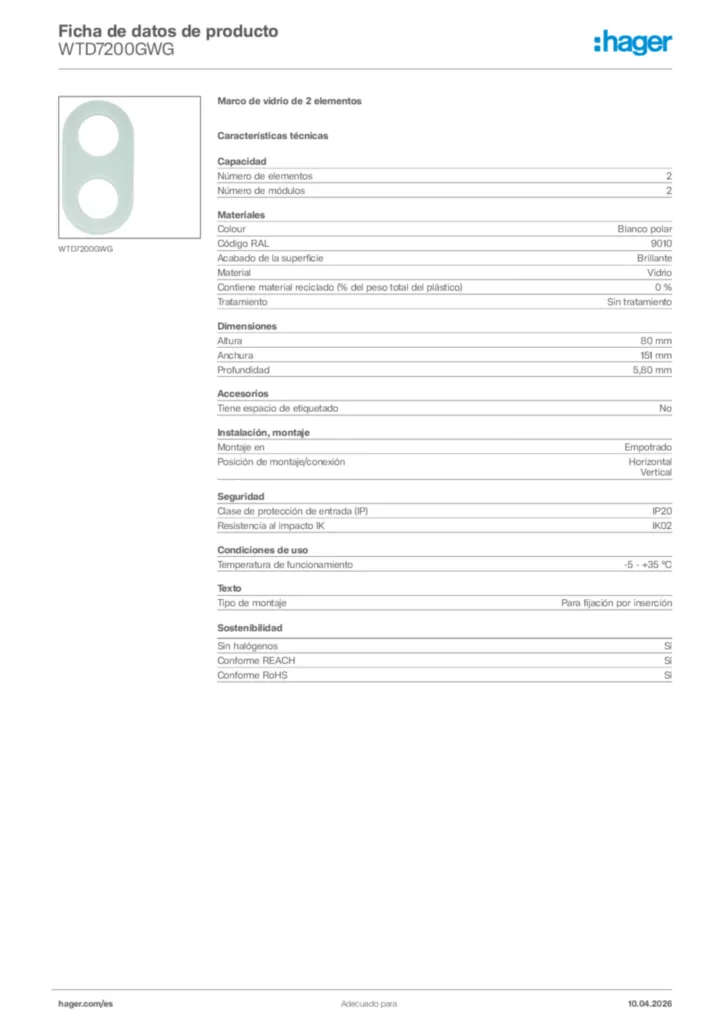 Imagen Hager Ficha de datos de producto WTD7200GWG | Hager España