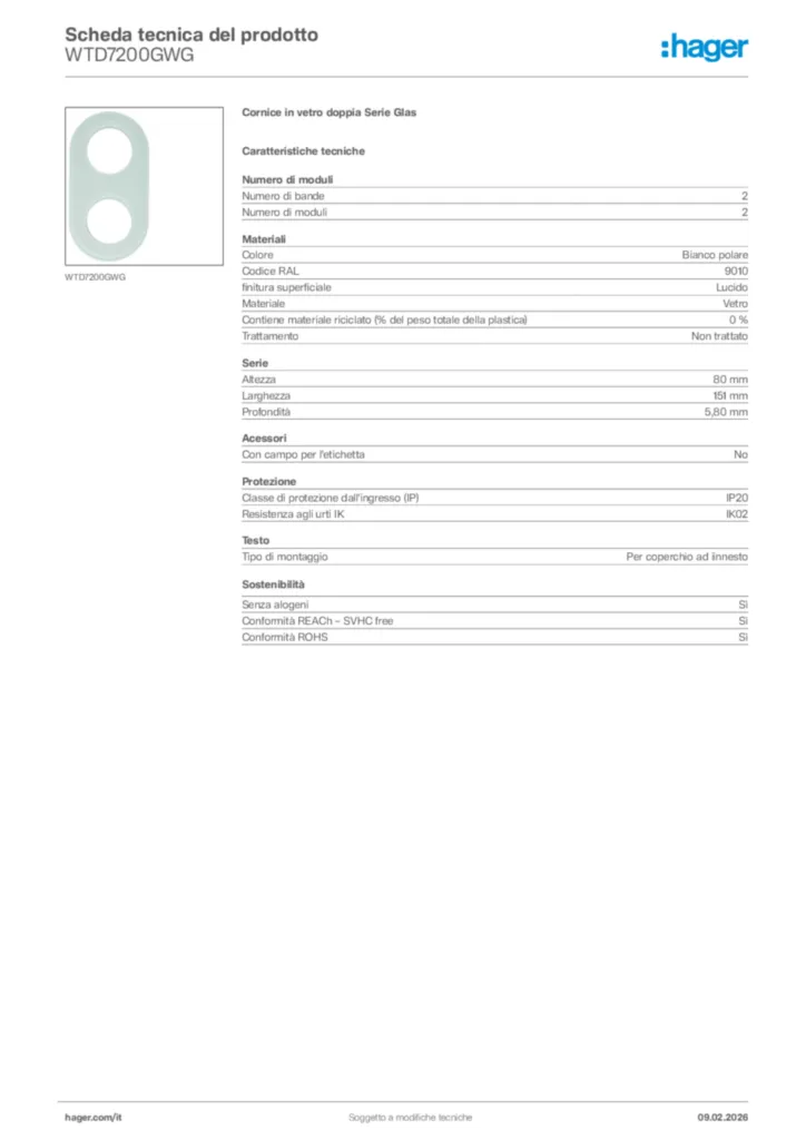 Immagine Hager Scheda tecnica del prodotto WTD7200GWG | Hager Italia