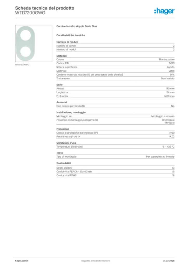 Immagine Hager Scheda tecnica del prodotto WTD7200GWG | Hager Italia