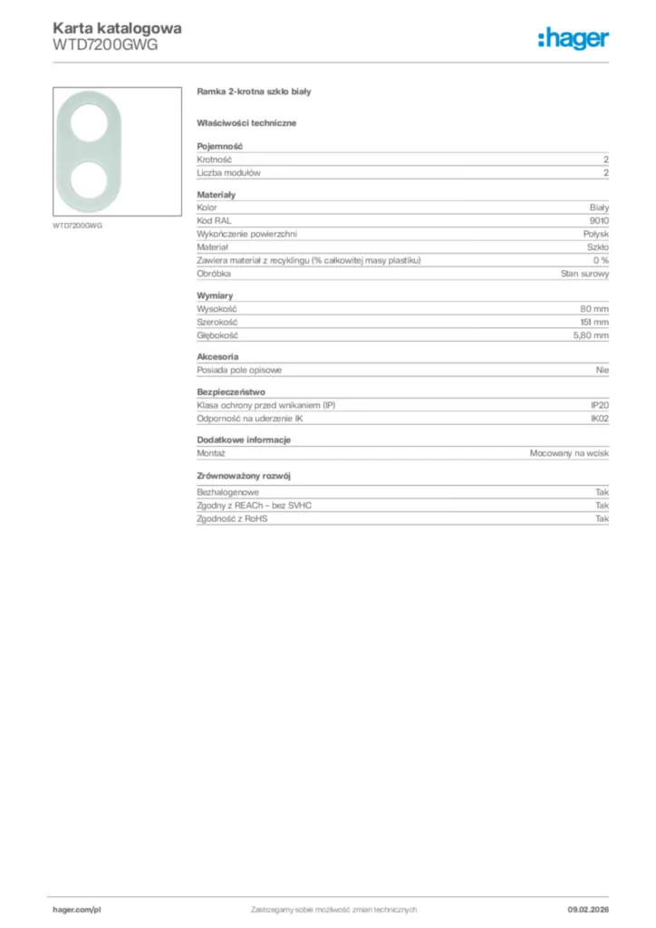 Zdjęcie Hager Karta katalogowa WTD7200GWG | Hager Polska