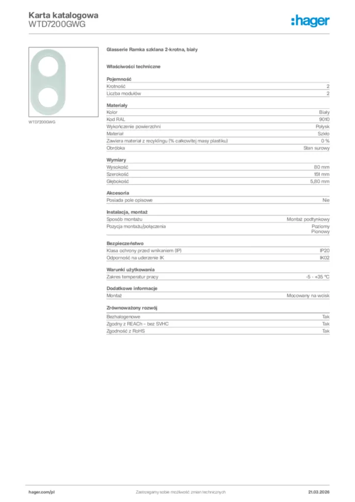 Zdjęcie Hager Karta katalogowa WTD7200GWG | Hager Polska