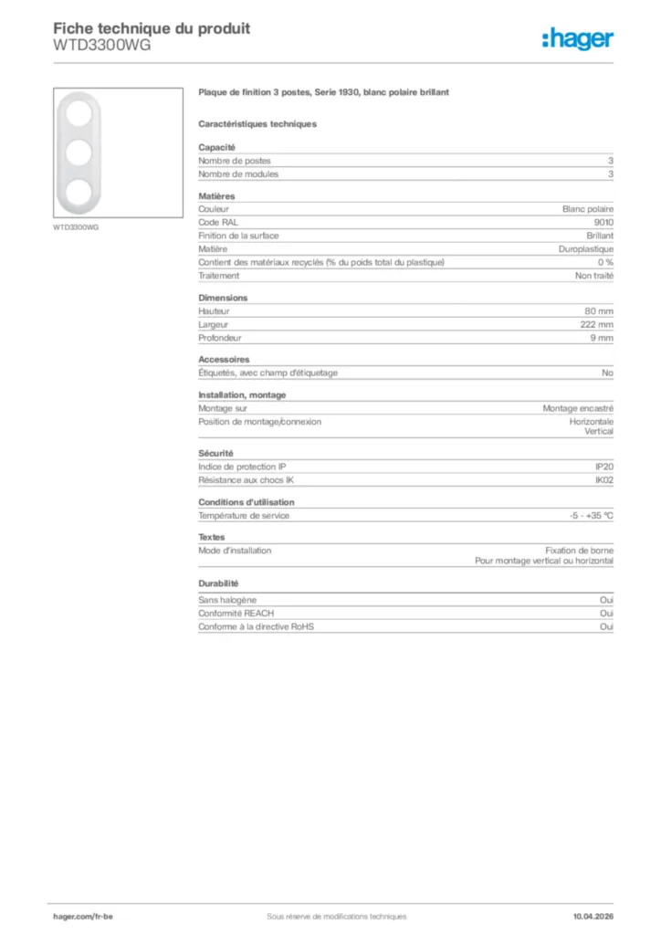 Image Hager Fiche technique du produit WTD3300WG | Hager Belgique