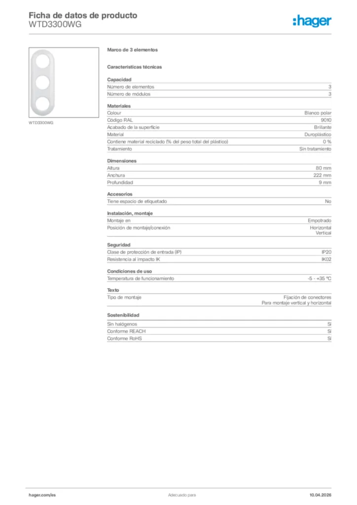 Imagen Hager Ficha de datos de producto WTD3300WG | Hager España