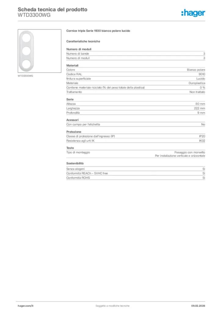 Immagine Hager Scheda tecnica del prodotto WTD3300WG | Hager Italia