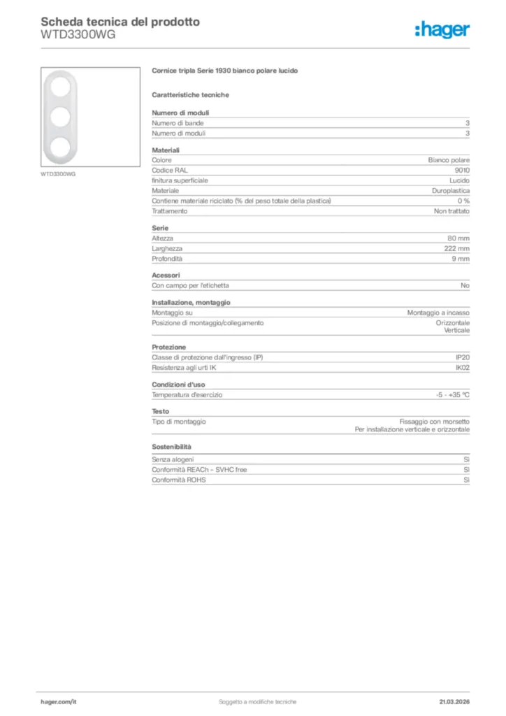 Immagine Hager Scheda tecnica del prodotto WTD3300WG | Hager Italia