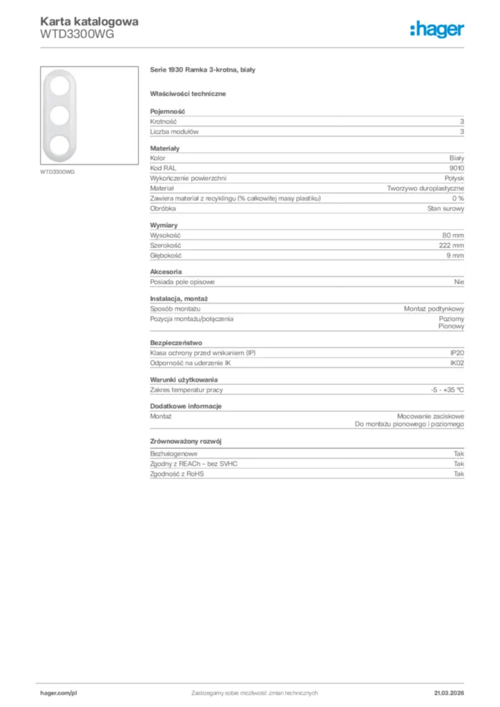 Zdjęcie Hager Karta katalogowa WTD3300WG | Hager Polska