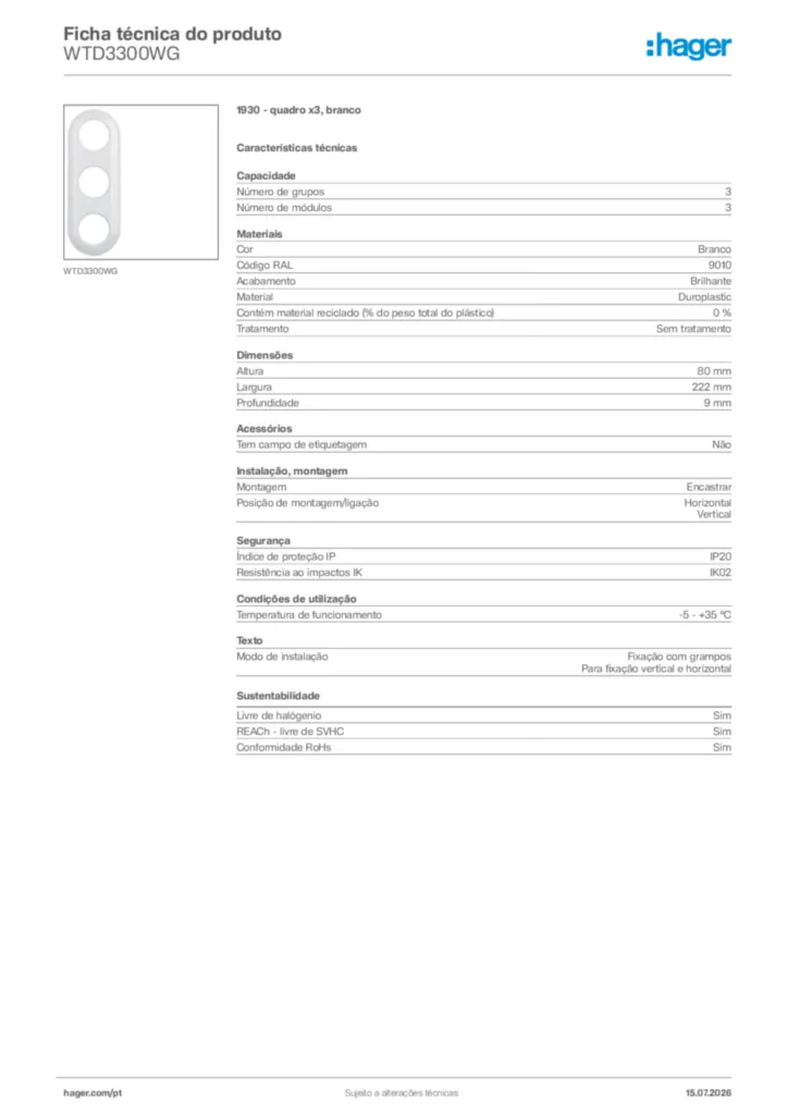 Imagem Hager Ficha técnica do produto WTD3300WG | Hager Portugal