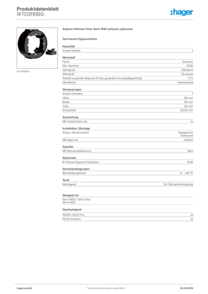 Bild Hager Produktdatenblatt WTD3110BG | Hager Deutschland