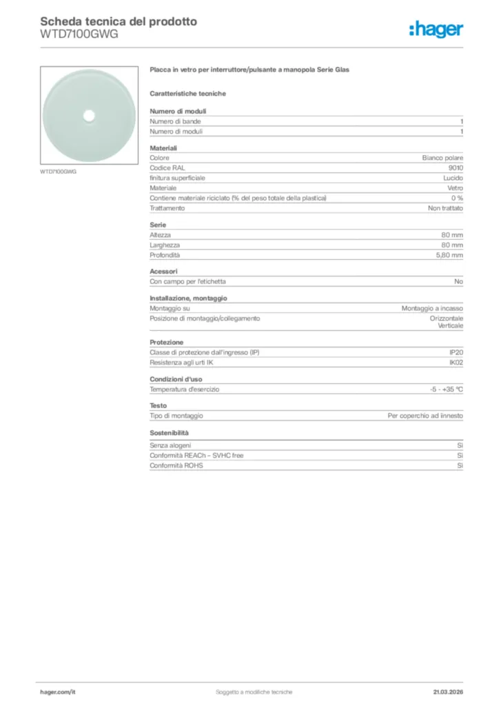 Immagine Hager Scheda tecnica del prodotto WTD7100GWG | Hager Italia