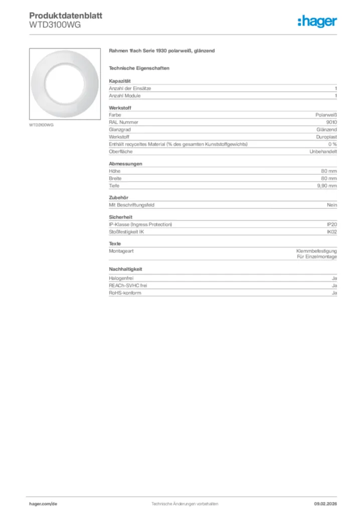 Bild Hager Produktdatenblatt WTD3100WG | Hager Deutschland