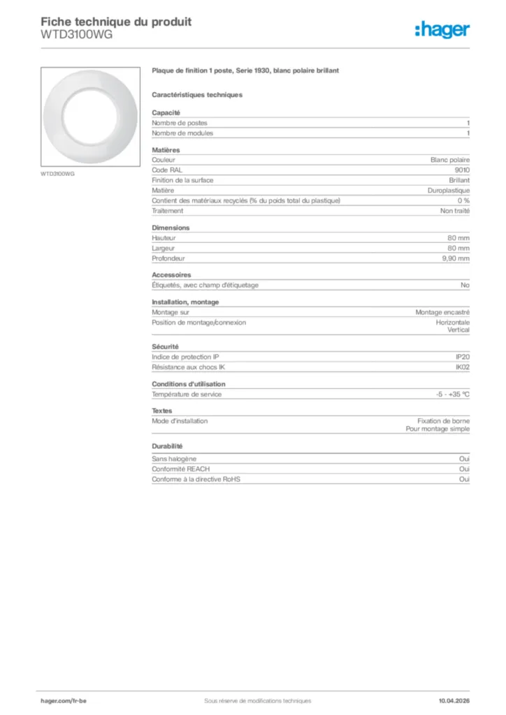 Image Hager Fiche technique du produit WTD3100WG | Hager Belgique