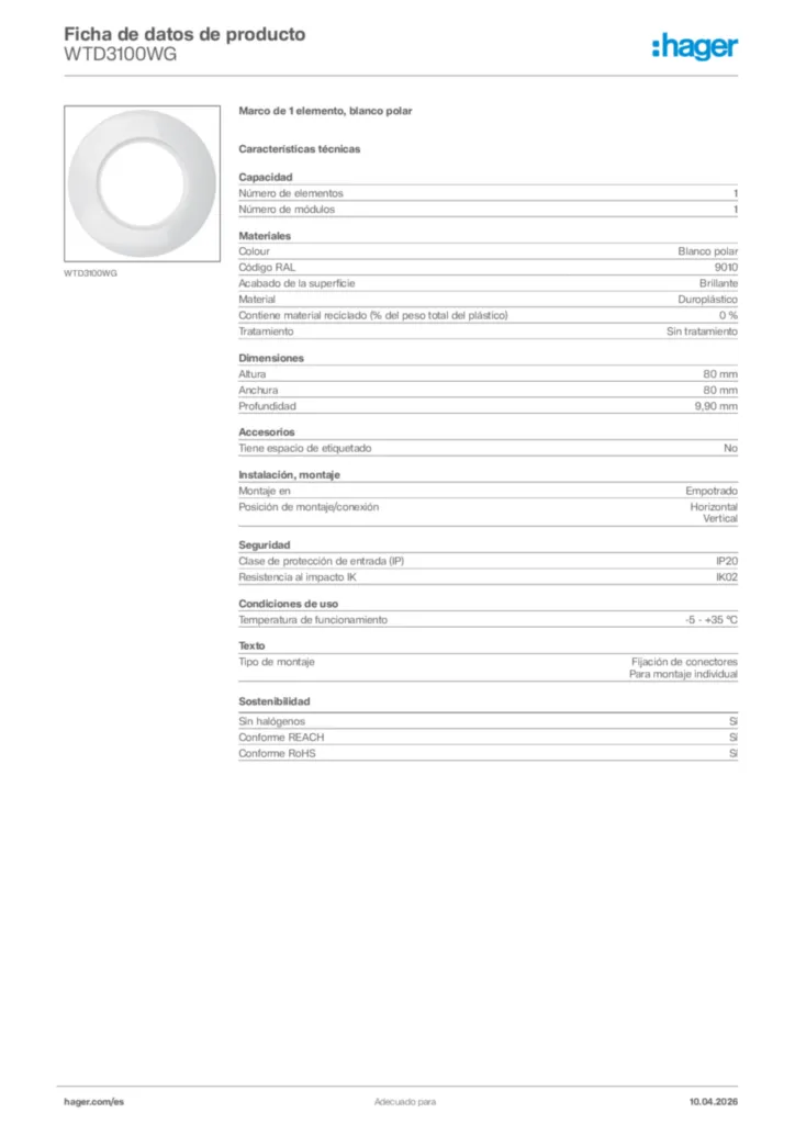 Imagen Hager Ficha de datos de producto WTD3100WG | Hager España