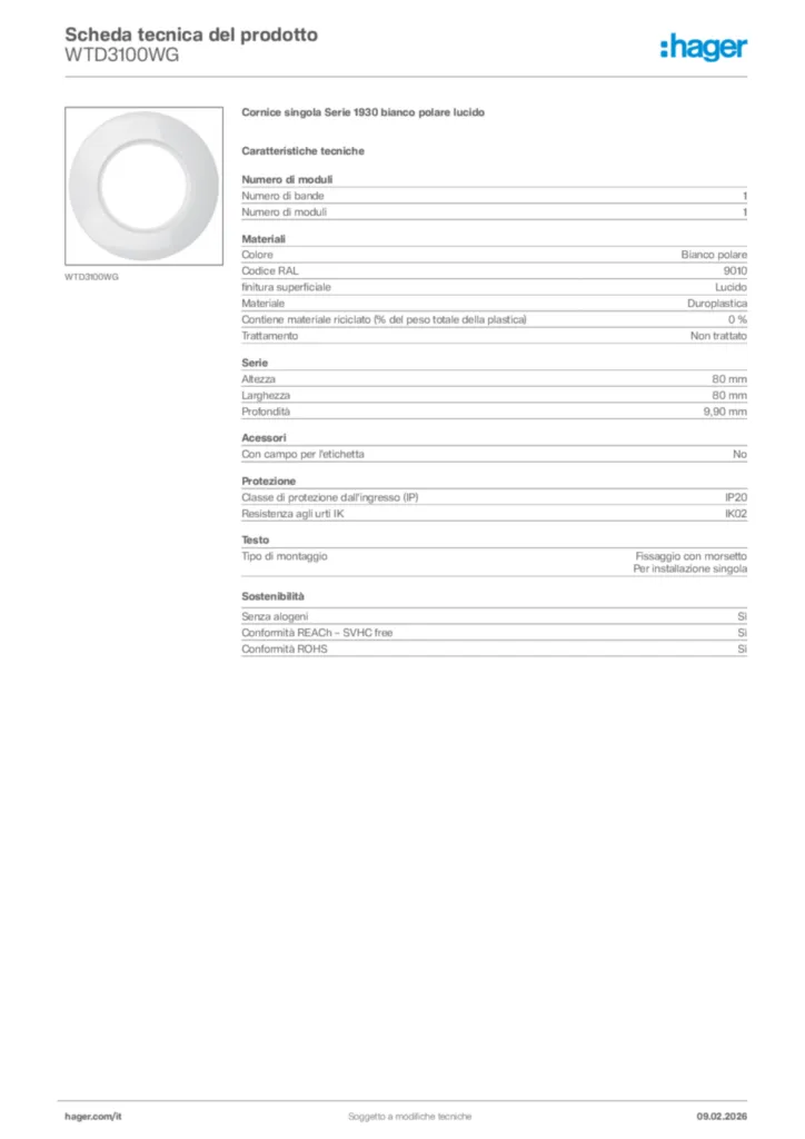 Immagine Hager Scheda tecnica del prodotto WTD3100WG | Hager Italia