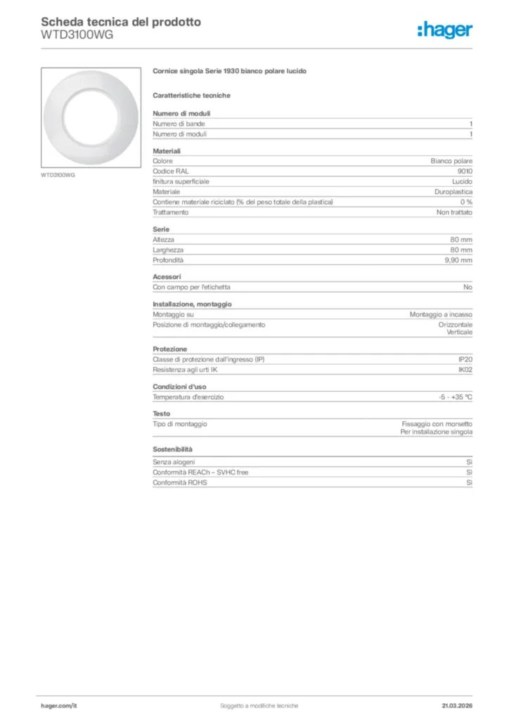 Immagine Hager Scheda tecnica del prodotto WTD3100WG | Hager Italia