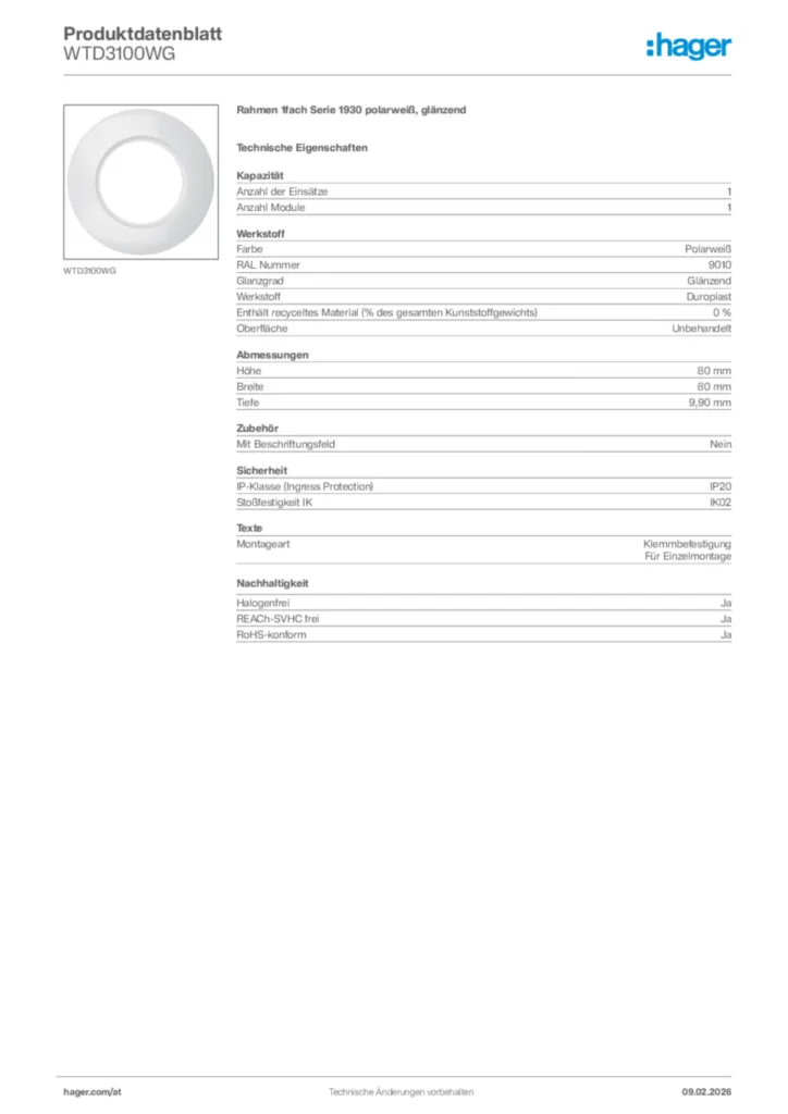 Bild Hager Produktdatenblatt WTD3100WG | Hager Deutschland