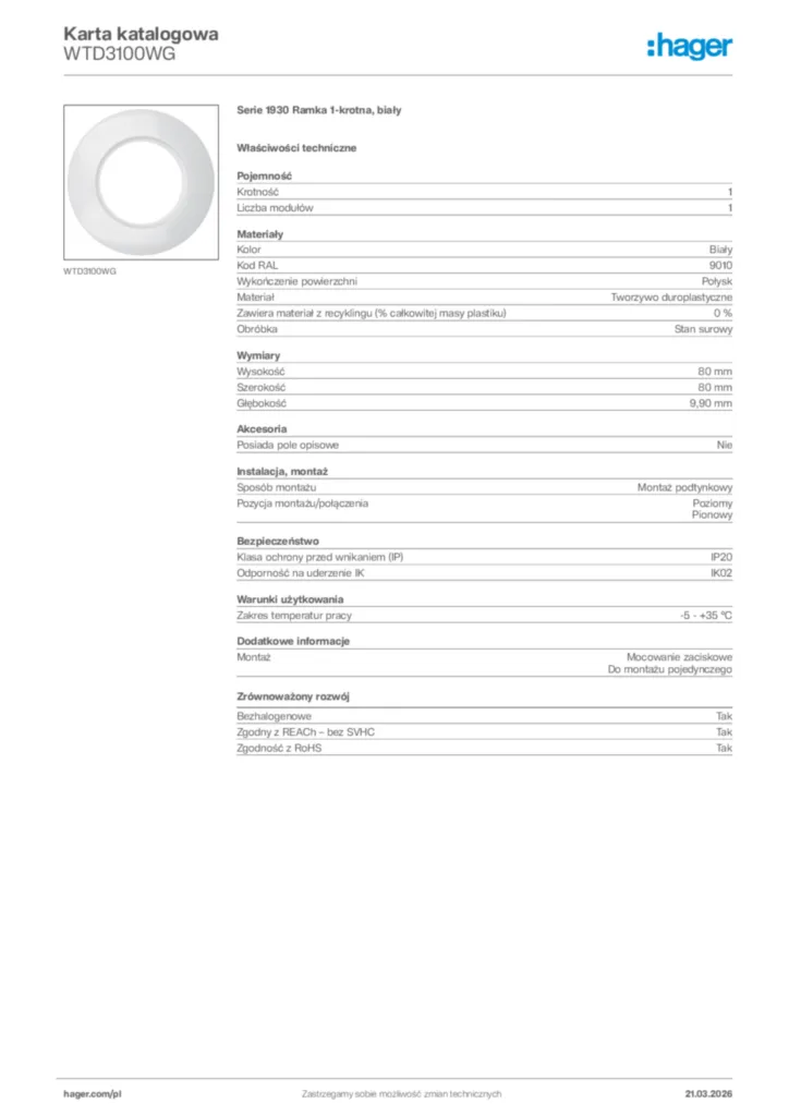 Zdjęcie Hager Karta katalogowa WTD3100WG | Hager Polska