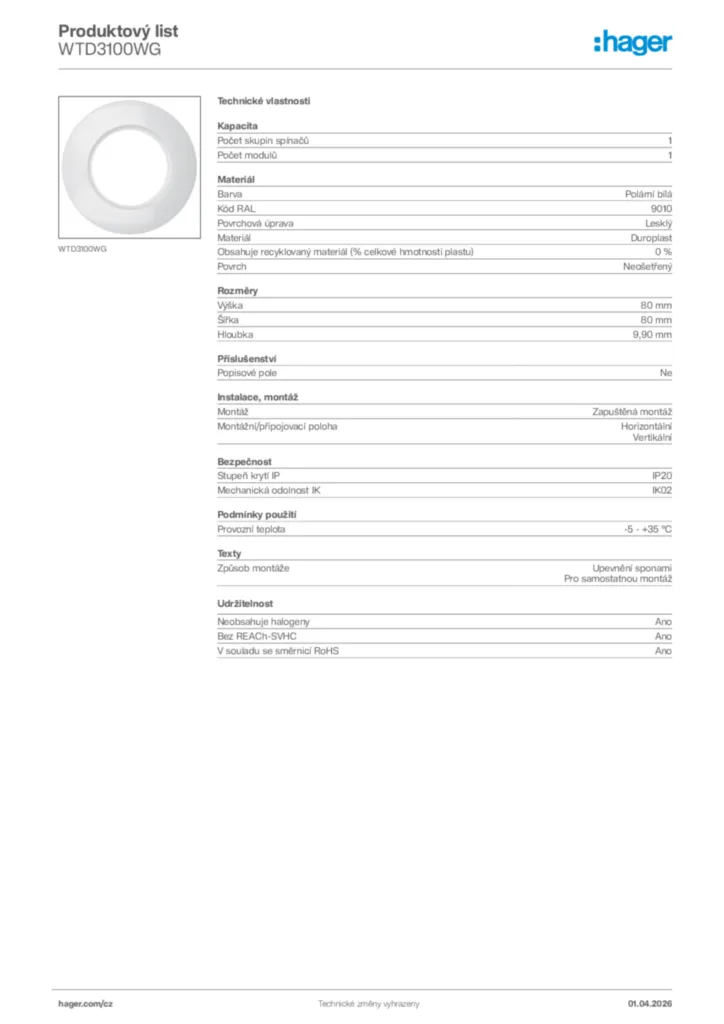 Obrázek Hager Product data sheet WTD3100WG | Hager