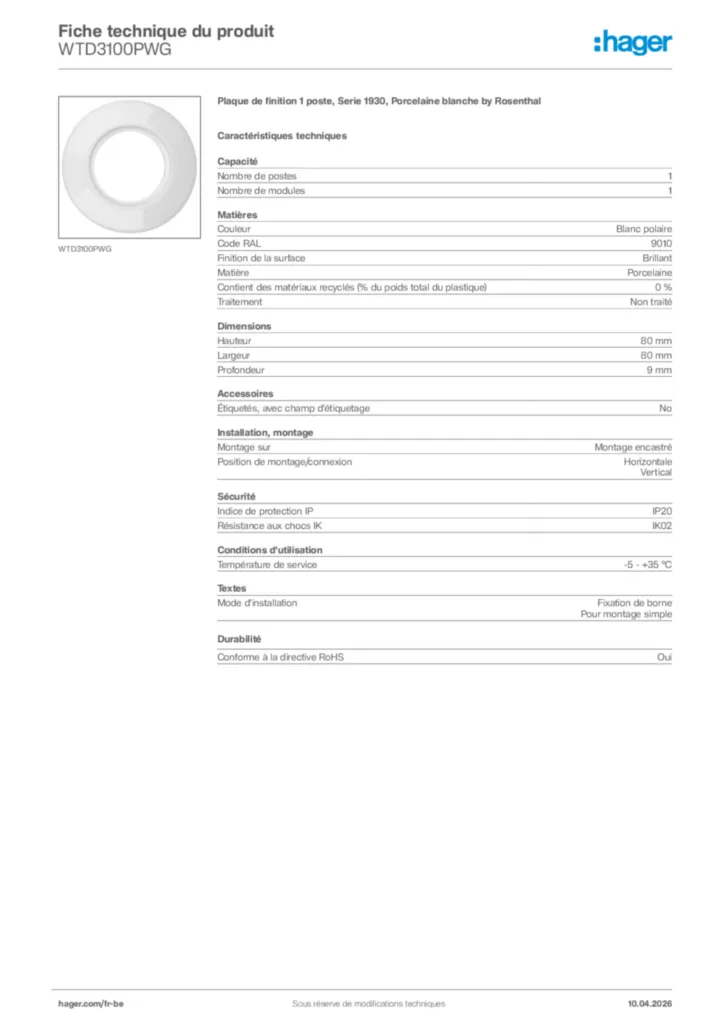 Image Hager Fiche technique du produit WTD3100PWG | Hager Belgique