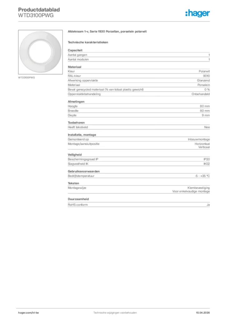 Afbeelding Hager Productdatablad WTD3100PWG | Hager Belgium