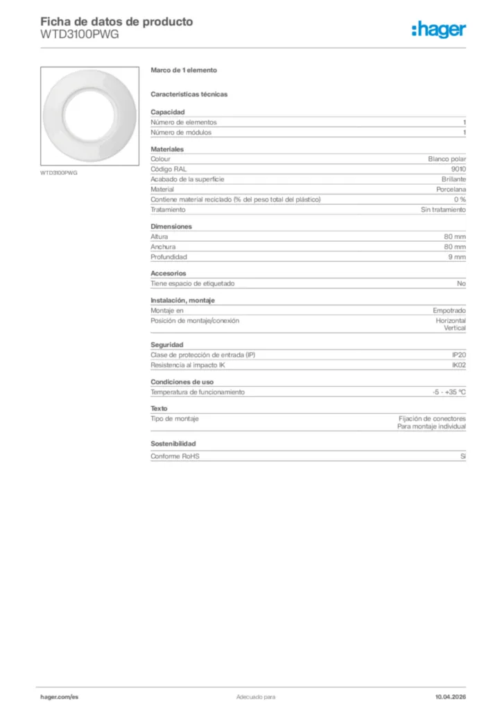Imagen Hager Ficha de datos de producto WTD3100PWG | Hager España
