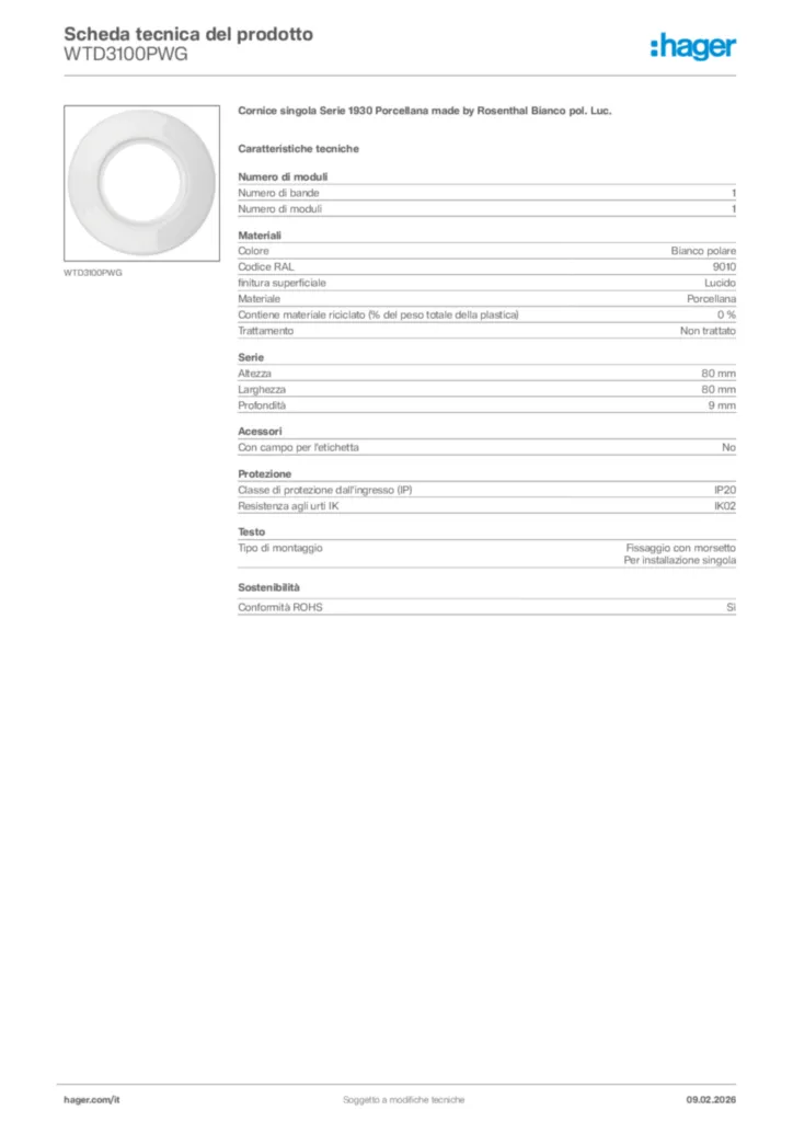 Immagine Hager Scheda tecnica del prodotto WTD3100PWG | Hager Italia