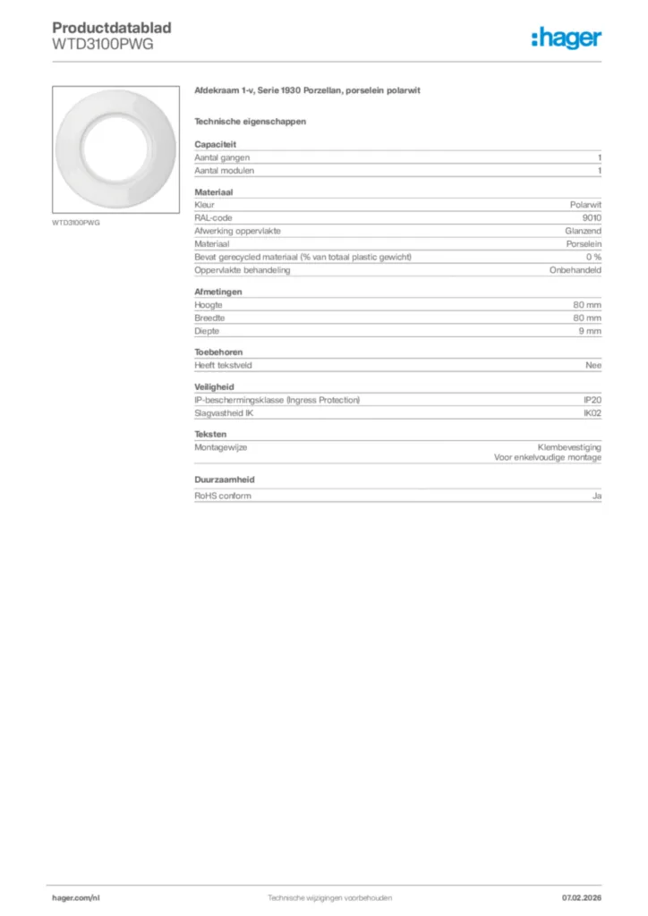 Afbeelding Hager Productdatablad WTD3100PWG | Hager Nederland