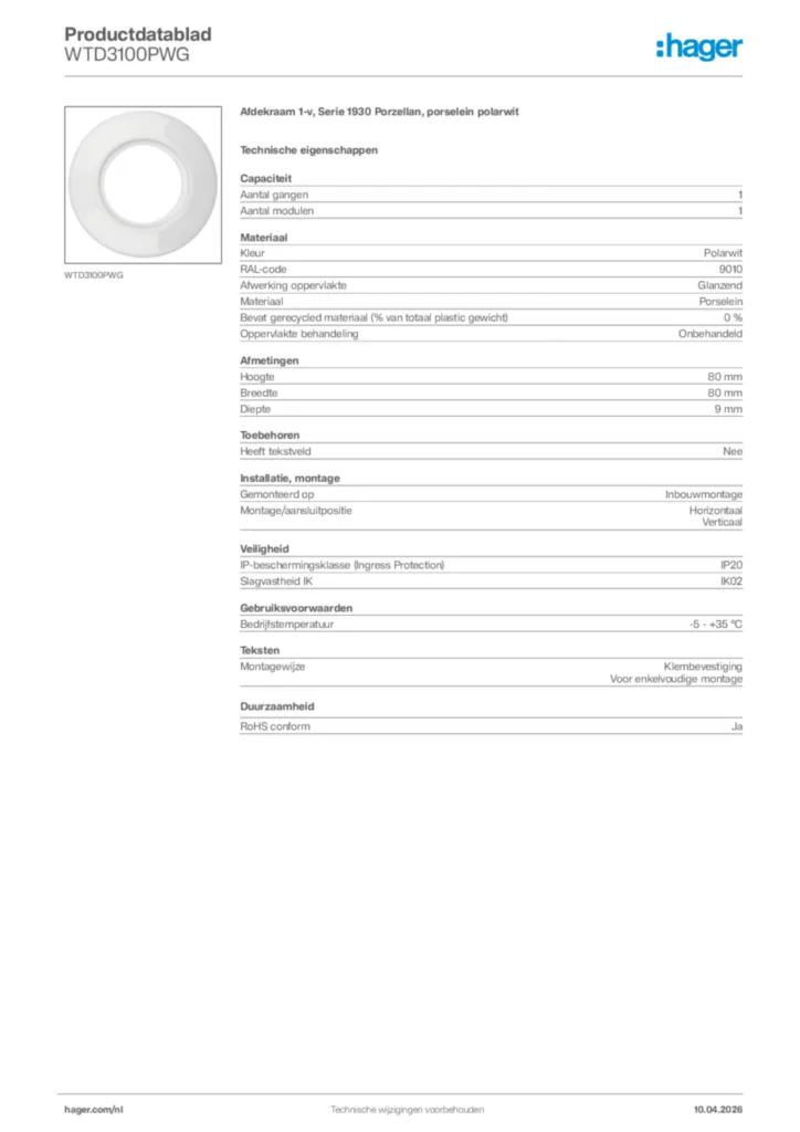 Afbeelding Hager Productdatablad WTD3100PWG | Hager Nederland