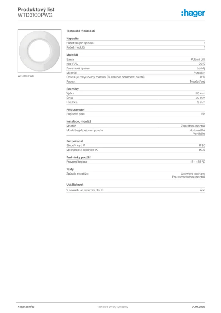 Obrázek Hager Product data sheet WTD3100PWG | Hager