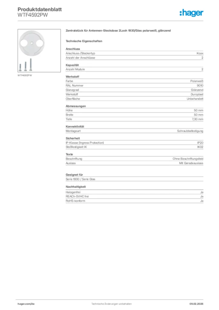 Bild Hager Produktdatenblatt WTF4592PW | Hager Deutschland