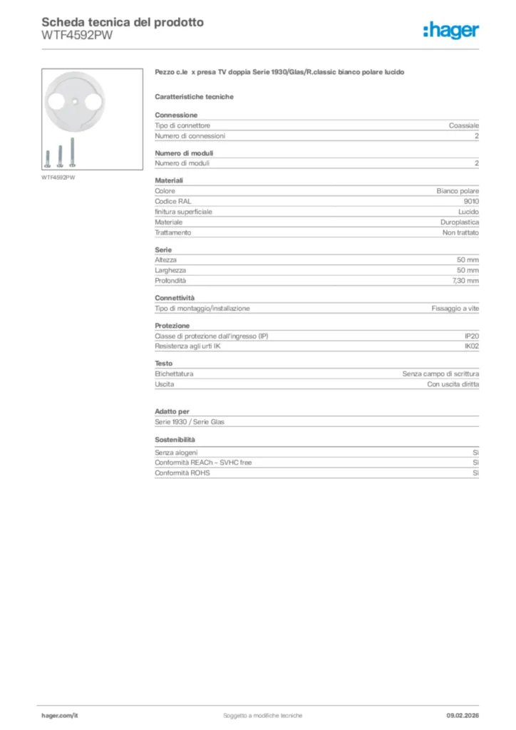 Immagine Hager Scheda tecnica del prodotto WTF4592PW | Hager Italia