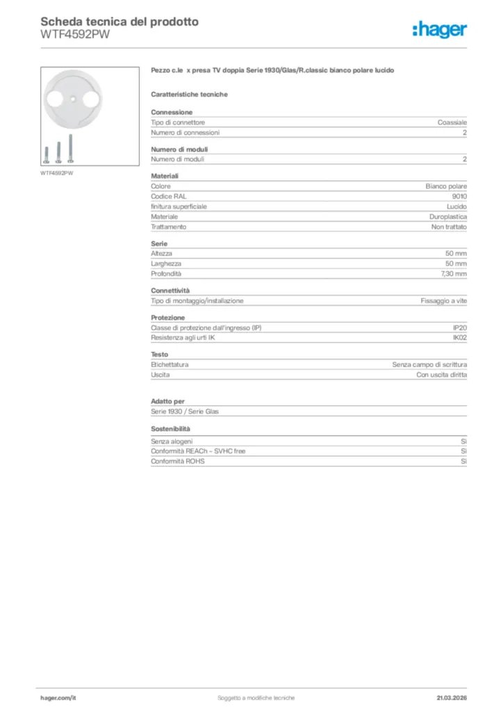 Immagine Hager Scheda tecnica del prodotto WTF4592PW | Hager Italia