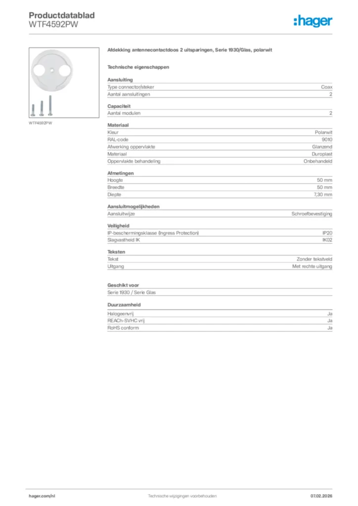 Afbeelding Hager Productdatablad WTF4592PW | Hager Nederland